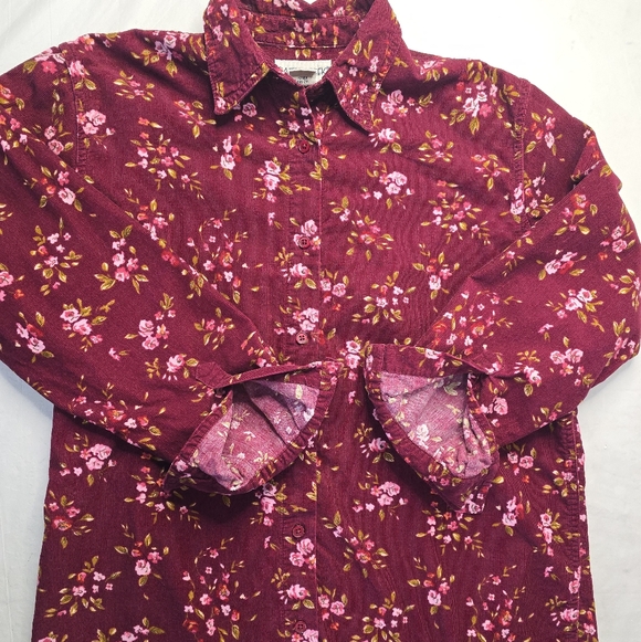 Cabin Creek Tops - Cabin Creek Floral Corduroy Shirt Burgundy Cotton Button Up Cottagecore M